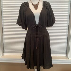 Free People Black Tie-Waist Puff Sleeve Midi Dress